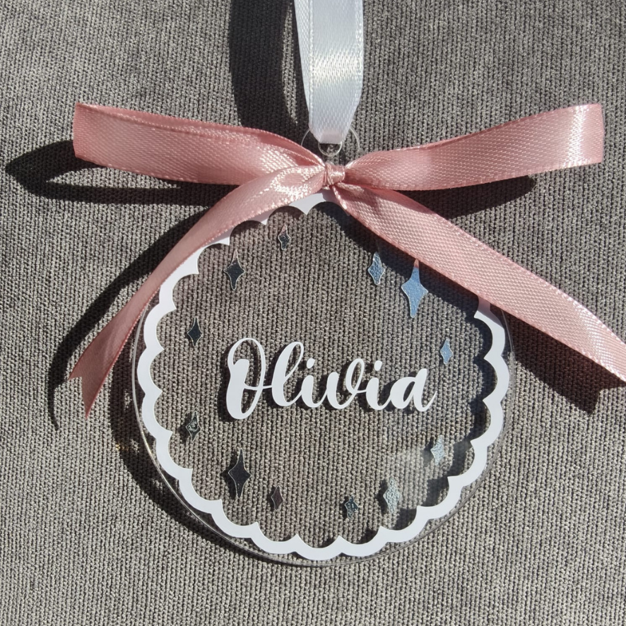 Personalised Name Christmas Bauble - Custom Family Ornament Silver Sparkle Scalloped Edge
