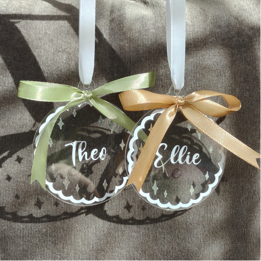 Personalised Name Christmas Bauble - Custom Family Ornament Silver Sparkle Scalloped Edge