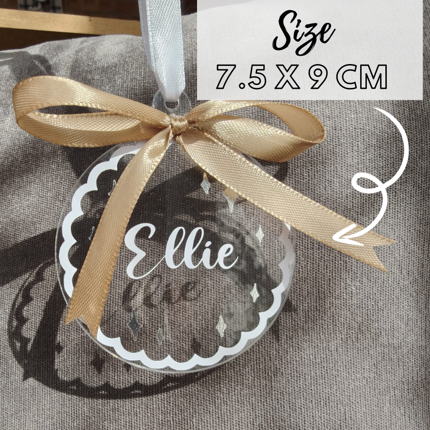 Personalised Name Christmas Bauble - Custom Family Ornament Silver Sparkle Scalloped Edge