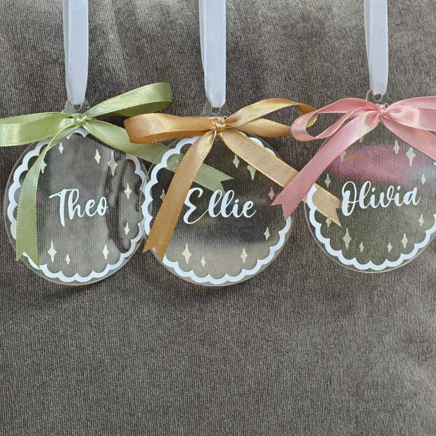 Personalised Name Christmas Bauble - Custom Family Ornament Silver Sparkle Scalloped Edge
