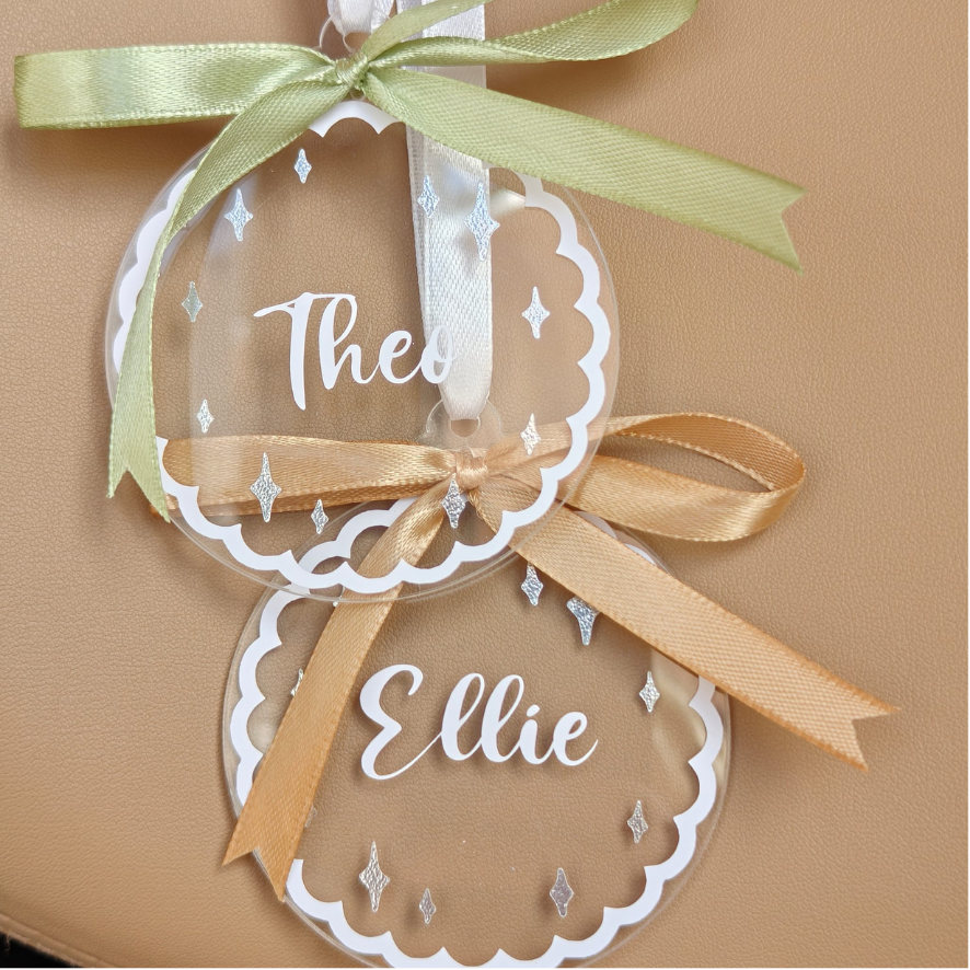 Personalised Name Christmas Bauble - Custom Family Ornament Silver Sparkle Scalloped Edge