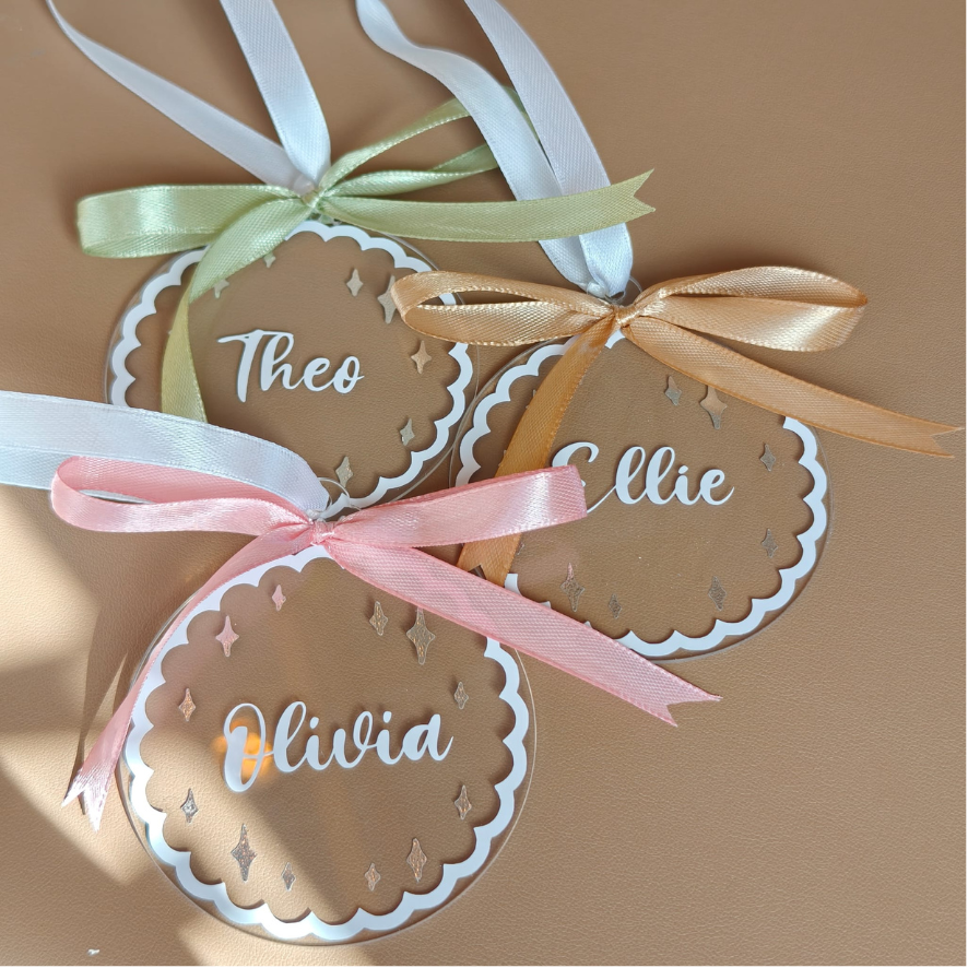 Personalised Name Christmas Bauble - Custom Family Ornament Silver Sparkle Scalloped Edge