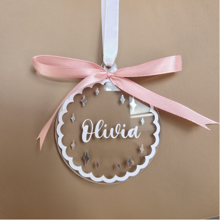 Personalised Name Christmas Bauble - Custom Family Ornament Silver Sparkle Scalloped Edge