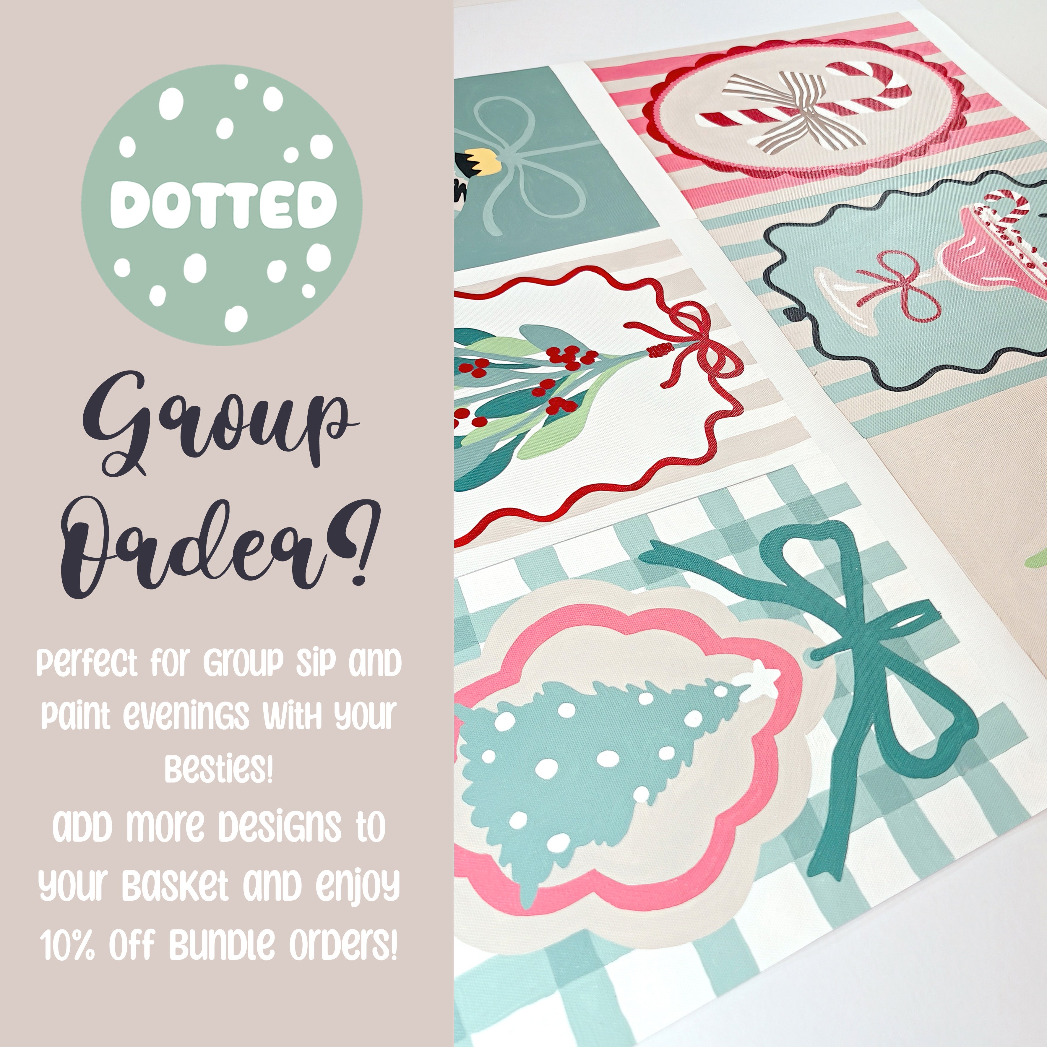 Christmas Sip and Paint by Number Kit - Girls night in party idea - Candy Cane Bow