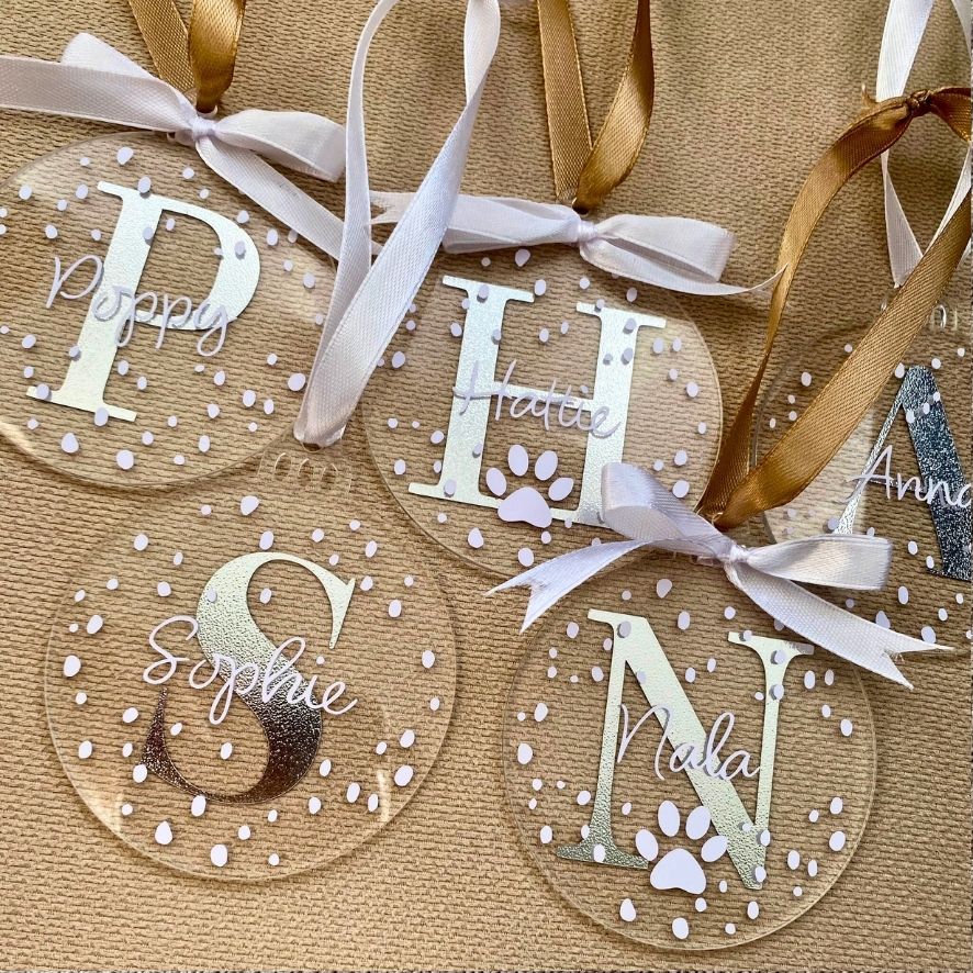 Initial Personalised Name Christmas Bauble - Snowflake Silver Sparkle