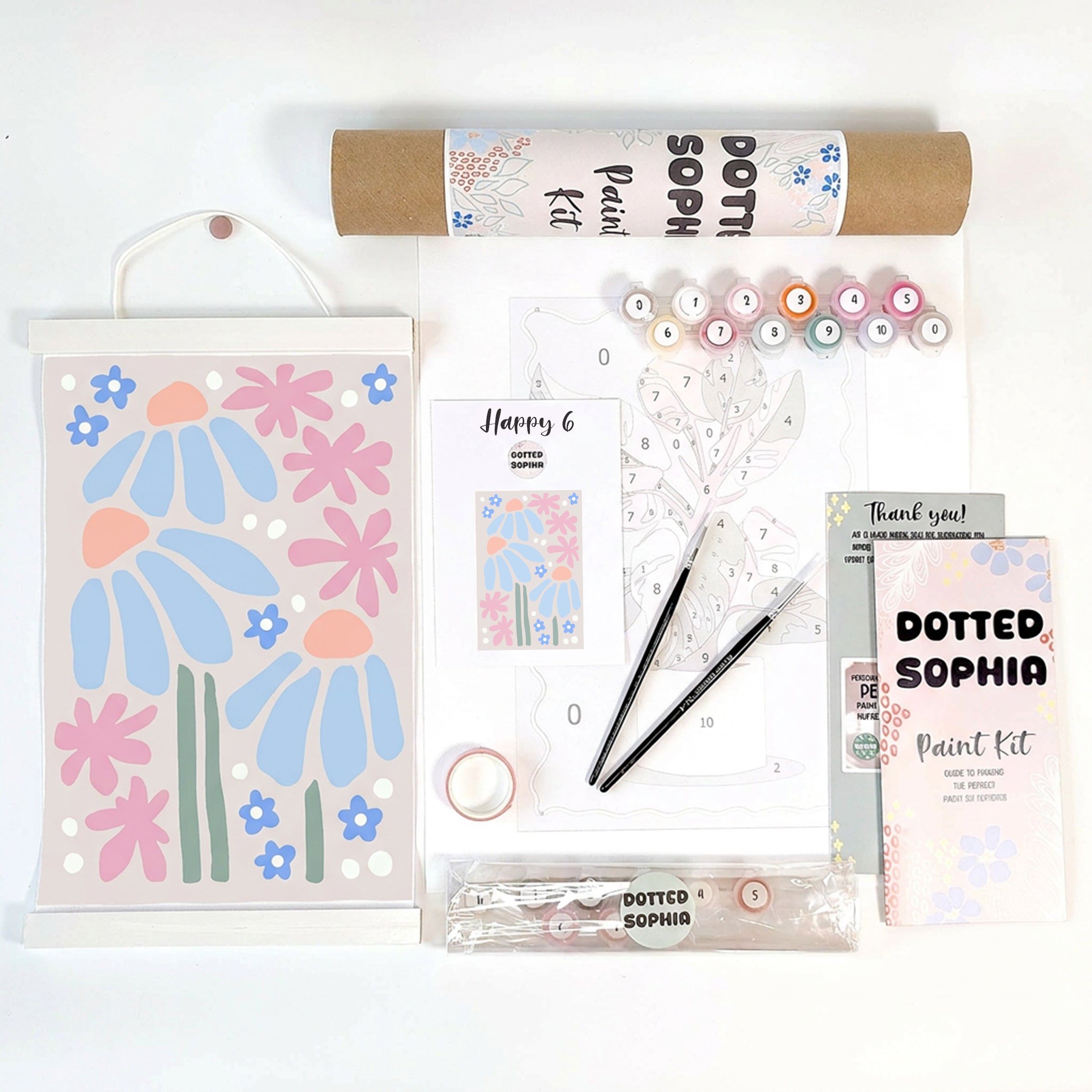Dotted Sophia Sip and Paint by Number Kit, wellbeing mindful art blue modern flowers