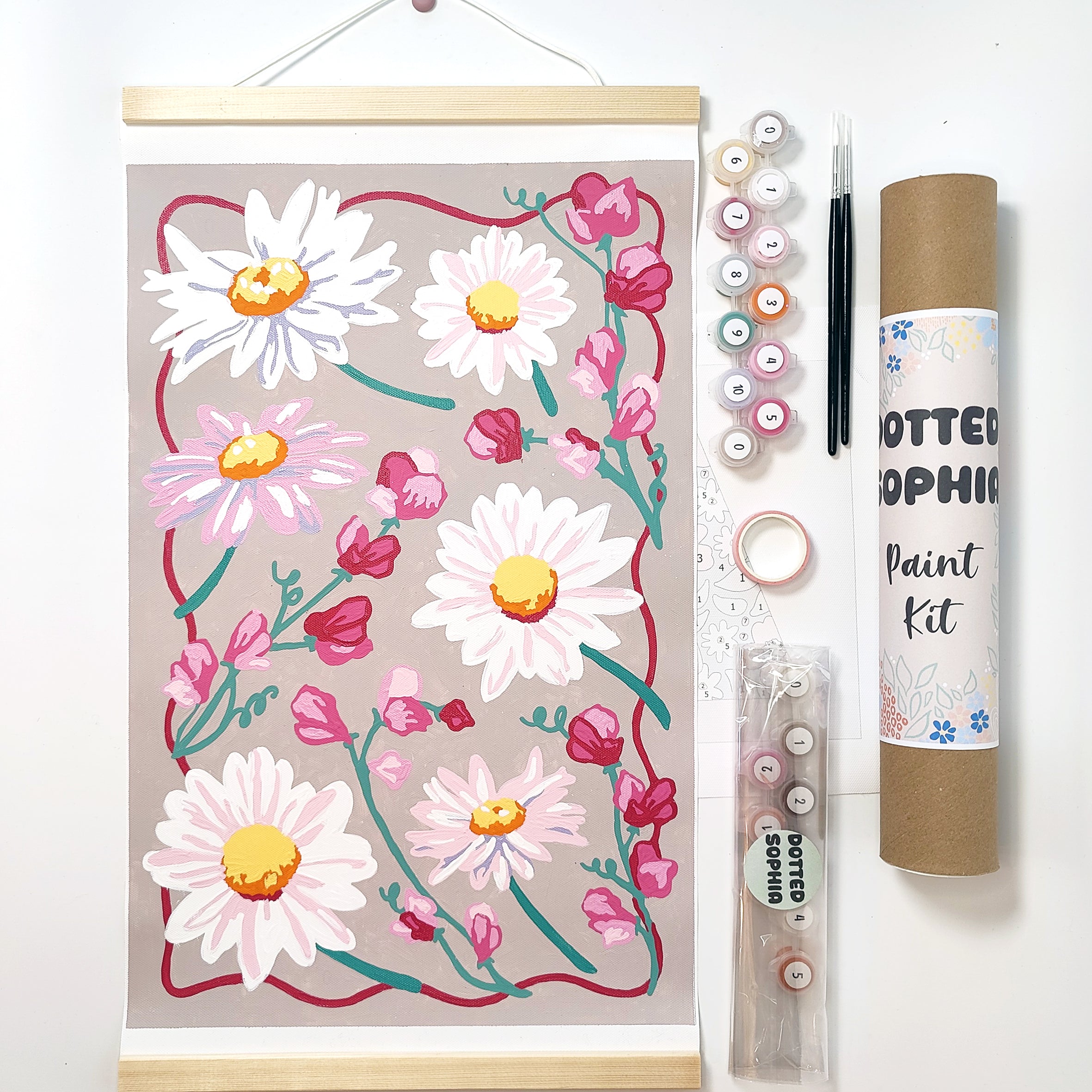 Daisy and Sweet Pea Sip and Paint by Number kit, DIY make your own modern wall art Dotted Sophia Easy Beginners Wellbeing Canvas Born in April Family Birth Bouquet