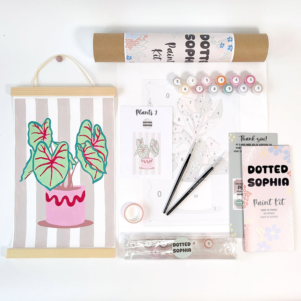 Full Dotted Sophia Paint Party Kit. Cozy hobby gift idea, hose plant lover caladium. Paint by number activity for adults and teenagers. Perfect mindful wellbeing idea for events.