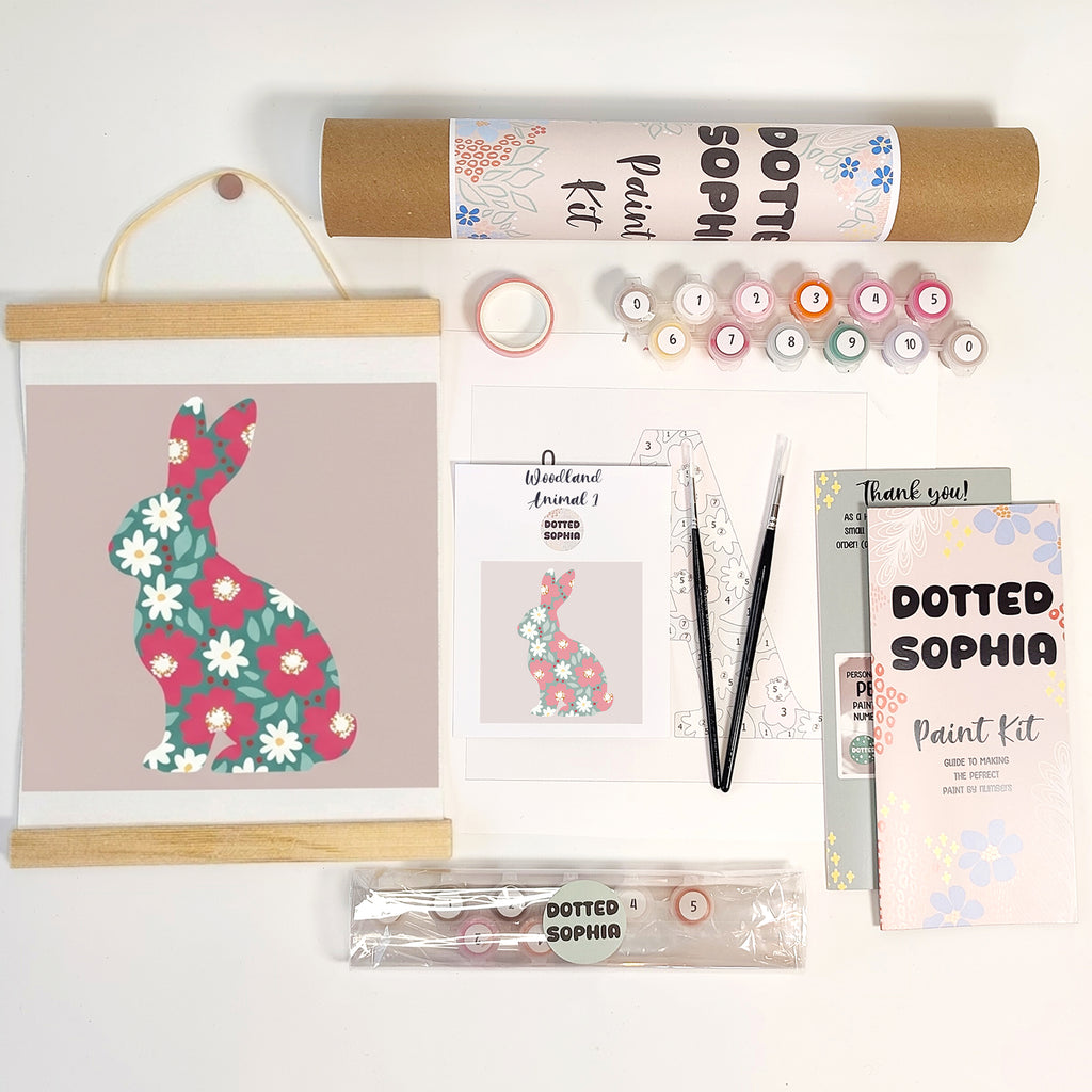 Woodland Animals Sip and Paint by Number kit, DIY make your own modern wall art Dotted Sophia with everything included Easy Beginners Wellbeing Canvas
