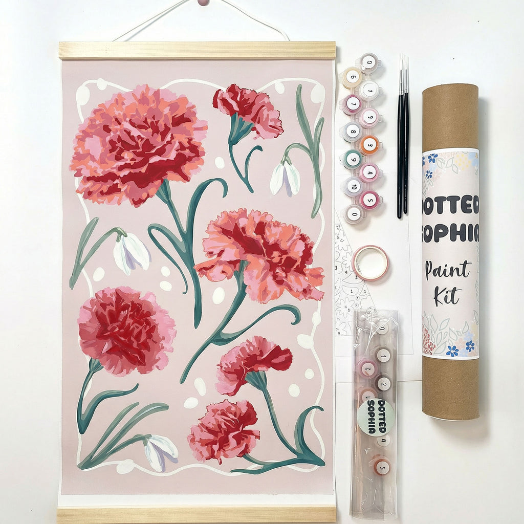 Carnation and Snowdrop Sip and Paint by Number kit, DIY make your own modern wall art Dotted Sophia Easy Beginners Wellbeing Canvas Born in January Family Birth Bouquet