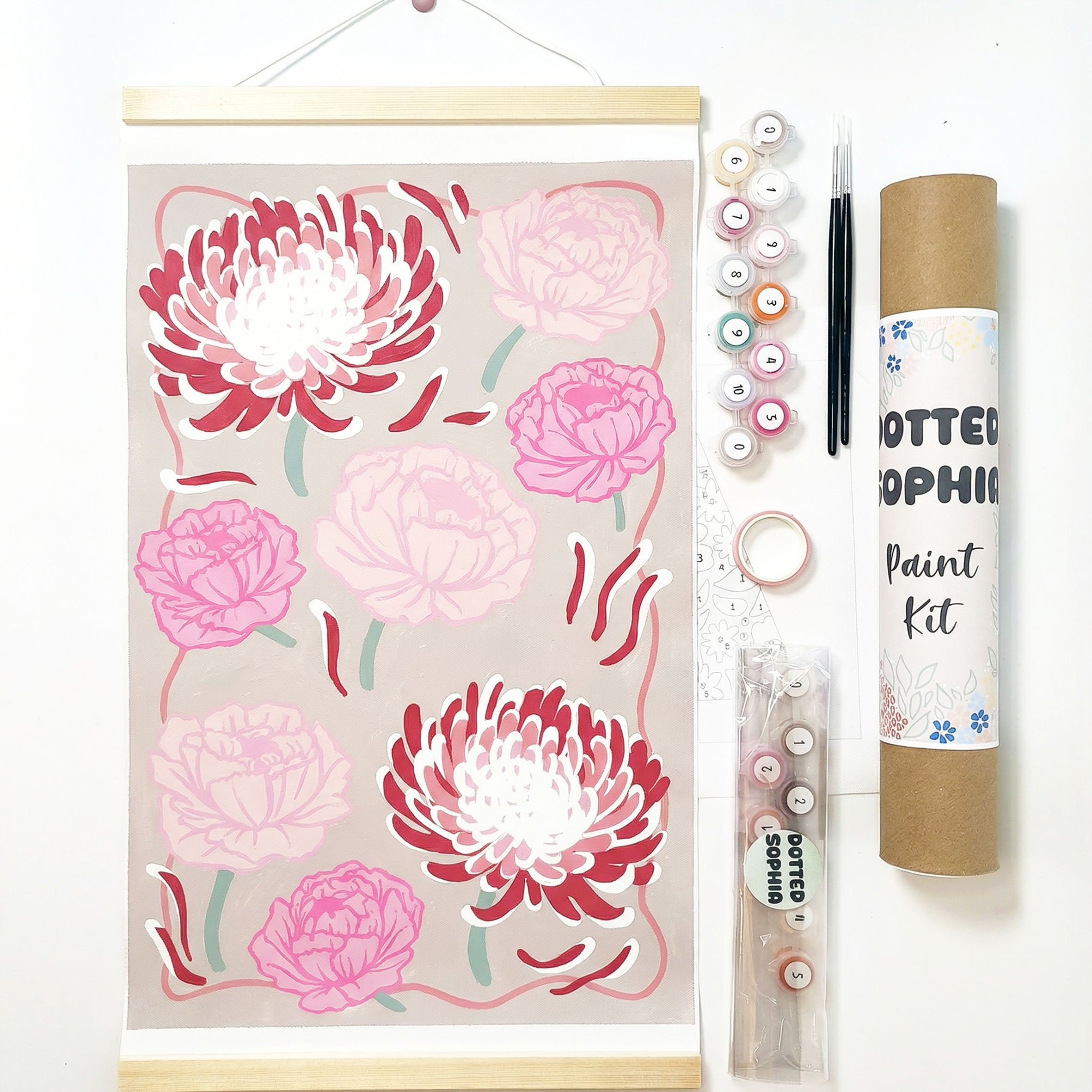 Chrysanthemum & Peony Sip and Paint by Number kit, DIY make your own modern wall art Dotted Sophia Easy Beginners Wellbeing Canvas Born in November Family Birth Bouquet