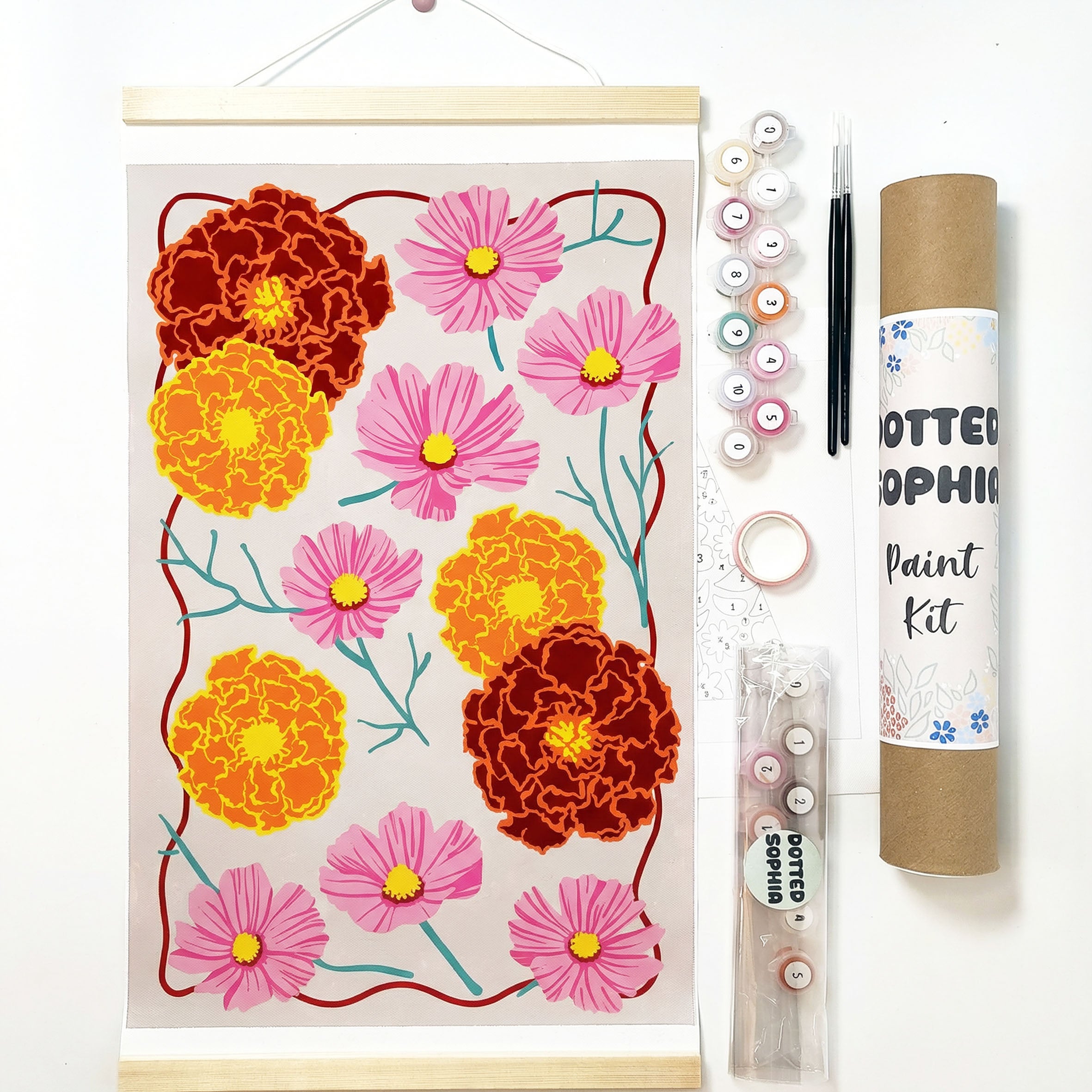Marigold & Cosmos Sip and Paint by Number kit, DIY make your own modern wall art Dotted Sophia Easy Beginners Wellbeing Canvas Born in October Family Birth Bouquet