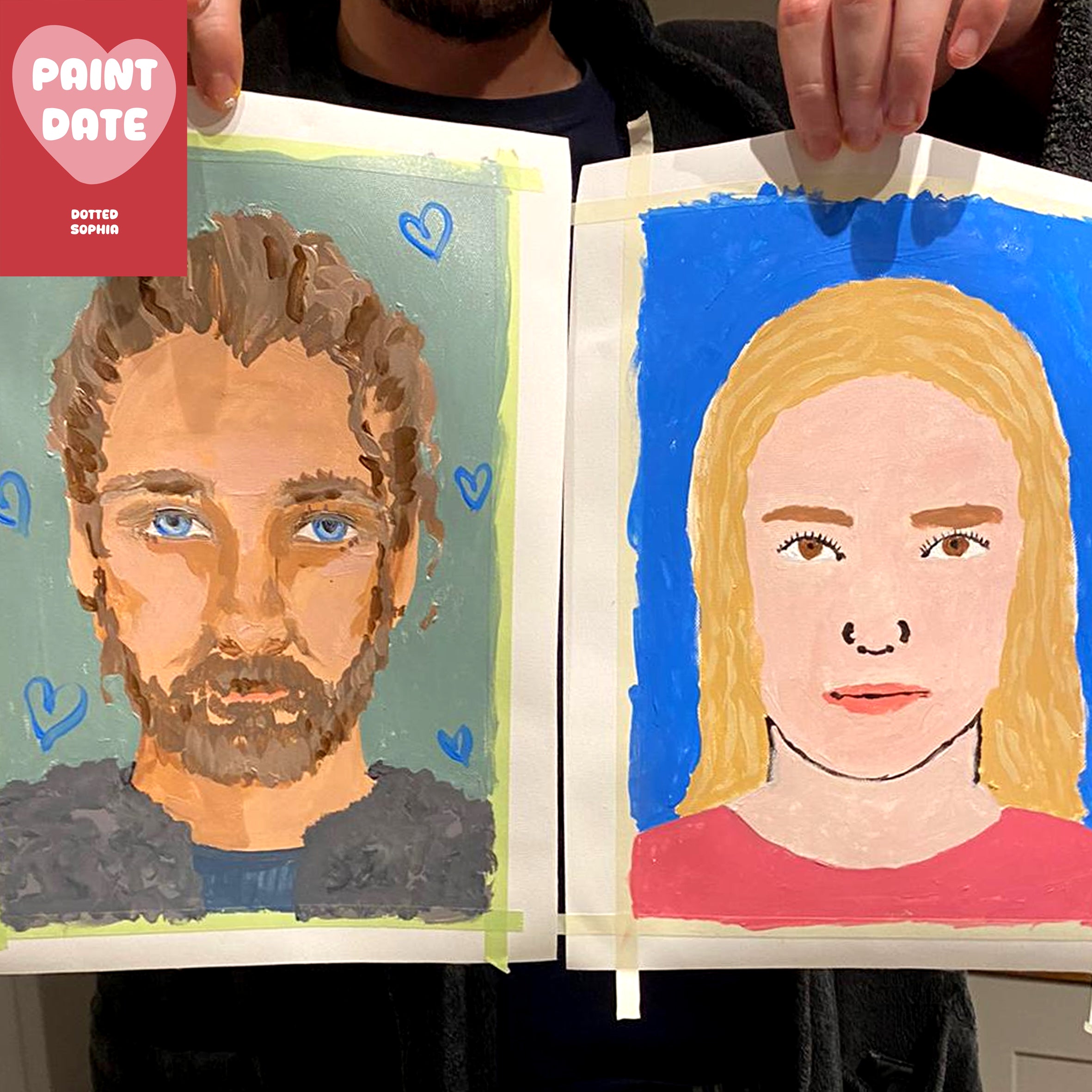 Two painted portraits of a man and a woman held side by side, with 'Paint Date' branding visible.