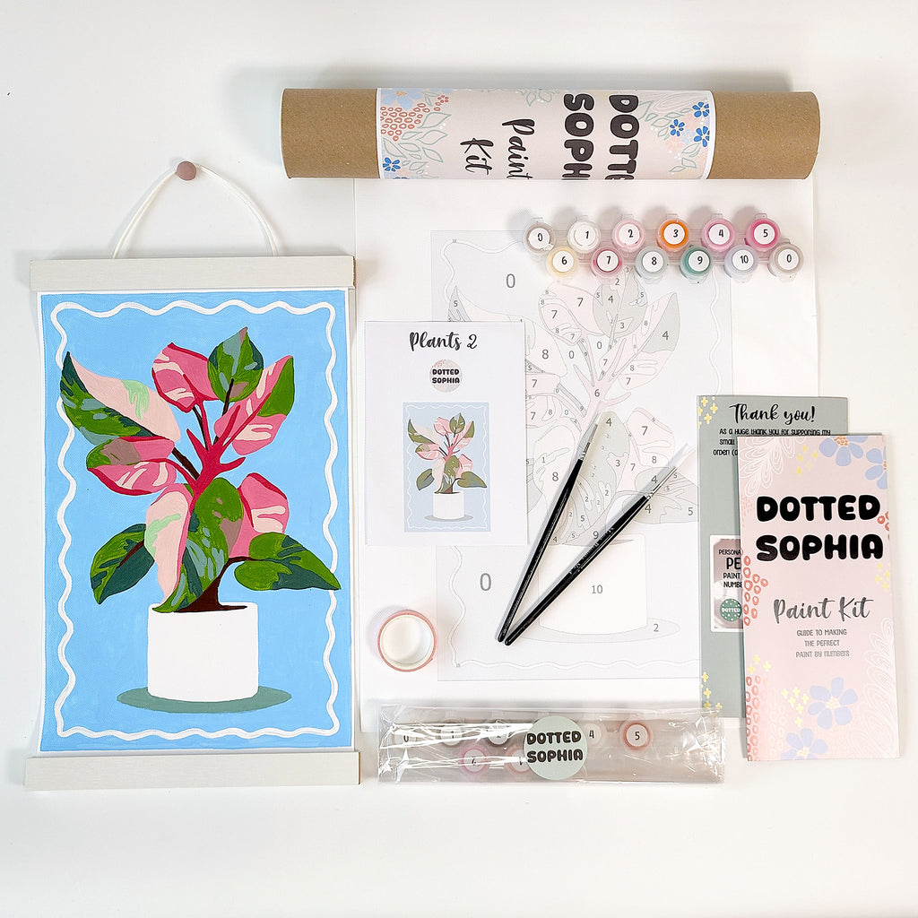 Make my own wall art idea. Pink Princess Philodendron house plant lover. Sip and paint by number kit, cosy hobbies for adult craft gift.